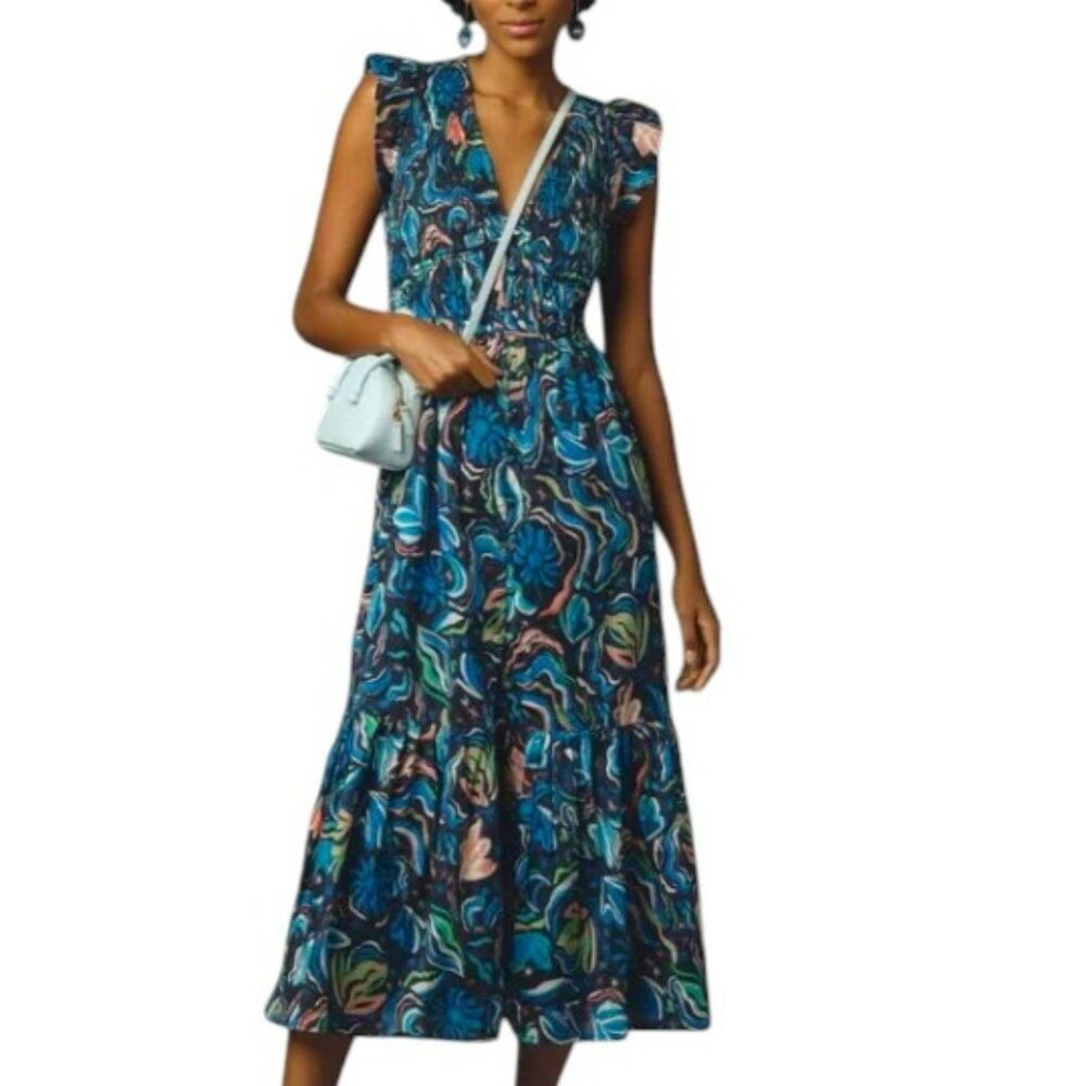 Anthropologie Blue Floral Midi Dress